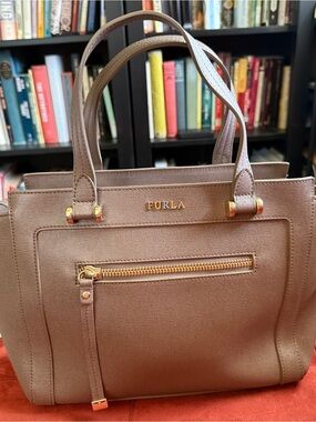Furla Taupe Leather Structured Satchel with Gold Hardware